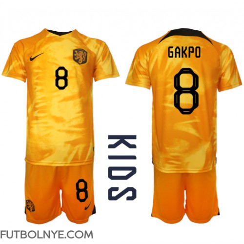 Camiseta Países Bajos Cody Gakpo #8 Primera Equipación para niños Mundial 2022 manga corta (+ pantalones cortos)